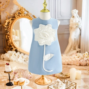 Detail of light blue girls dress featuring a large white 3D handmade rose floral applique