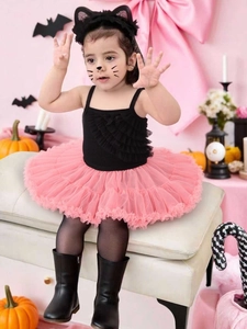 Ensemble Halloween fille avec haut noir, jupe tutu rose et bandeau oreilles de chat