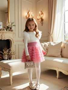 Girls Princess Ruffle Long Sleeve Knit Top And Multi Layer Mesh Tiered Tutu Skirt Autumn Spring Elegant Clothing
