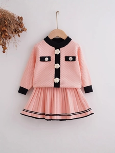 Girl pink knit cardigan and pleated skirt set with 3D floral accents on hanger