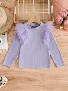 Purple long sleeve mesh ruffle top for girls with a stylish turtleneck and rib knit texture