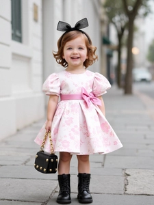 Robe princesse à fleurs pour filles avec manches bouffantes et ruban rose