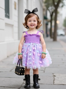 Sleeveless purple tulle tutu dress for girls with 3D butterflies and smocked bodice