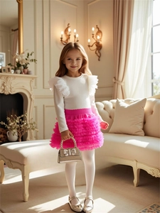 Girls' white long sleeve top with ruffle detail and pink layered tulle skirt set