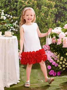 Girl's 3D floral dress with white sleeveless top and ruffled red skirt in garden