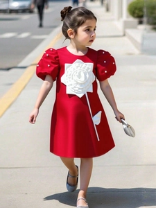 Girls Satin Bubble Sleeve Dress With 3D Rose Flower And Artificial Pearl Embellishment Elegant Wedding Party Princess A-Line Dress