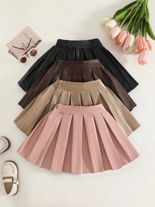 Jupe Plissée en Cuir PU pour Filles Style Académie Couleur Unie Mini Jupe Uniforme JK pour Enfants