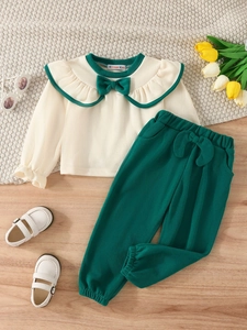 Girls Toddler Sweet Knitted Clothing Set Ruffle Bowknot Long Sleeve Top And Pants Outfit For Spring Autumn Baby Kids Fashion
