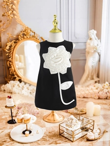 Girls Elegant Sleeveless A-Line Dress With Large 3D Handmade Flower For Wedding Party Piano Performance Polyester Satin Dress