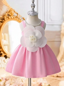 Abito da principessa rosa per bambina con grande fiore 3D e finitura in raso per compleanni