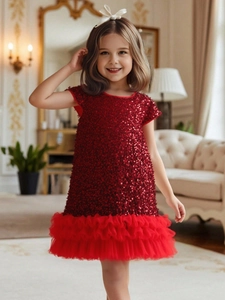 Robe de Princesse à Paillettes pour Filles Volants en Maille Robe de Fête d'Anniversaire Mélange de Coton