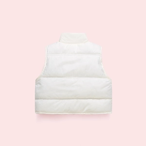 Rear view of a white padded kids vest featuring stand collar and horizontal quilting