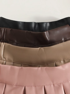 Jupes plissées en cuir PU pour filles en noir, café, chameau et rose pastel
