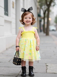 Girls bright yellow tutu princess dress with colorful 3D butterflies and sequin tulle