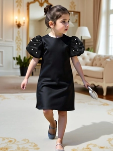 Elegant girls black satin dress with pearl sleeves for weddings and piano performances