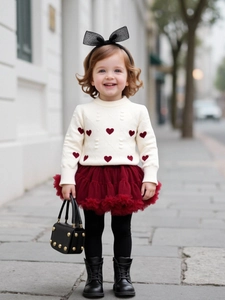 Mädchen Süße Herzmuster Gestrickter Pullover Und Burgund Netz Tutu-Rock Zweiteiler Warm Herbst Winter Mode Outfit