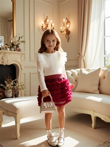 Girls long sleeve white top and layered burgundy tutu skirt fashion set in classic interior