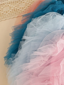 Layered multi-color tulle cake skirt with lightweight mesh texture and pleated ruffles