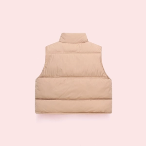 Detail of khaki quilted puffer vest showing high collar and back horizontal stitching