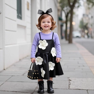 Détail du haut côtelé violet et robe en cuir noir avec fleurs 3D pour petites filles