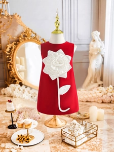 Elegant girls red sleeveless dress with 3D white floral applique for festive parties