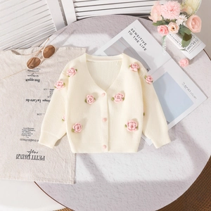 Detail of cream knit cardigan with pink floral embroidery and soft button textures