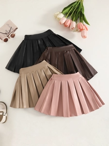 Jupes plissées en similicuir pour enfants en noir, marron, kaki et rose pour filles