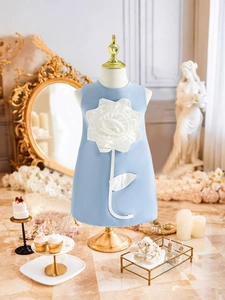 Elegant sleeveless light blue girl dress with large 3D white floral applique for weddings
