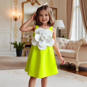 Dettaglio di un abito smanicato giallo neon per bambina con un grande fiore bianco decorativo