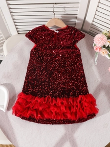 Robe de princesse à paillettes rouge foncé pour fille avec ourlet en tulle multicouche