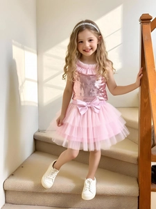 Girls Pink Sequin Sleeveless Top And Layered Tulle Tutu Skirt Princess Party Outfit For Toddler Kids Sweet Clothing Set