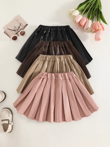 Jupe plissée pour filles en cuir PU noir, café, beige et rose avec taille élastique