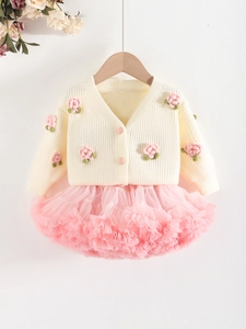 Girls Sweet Western Style Clothing Set Polyester Crochet Flower Knitted Cardigan With Pink Mesh Tutu Skirt Two-Piece Outerwear Set For Kids Festival Party