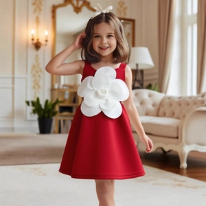 Dettaglio di un abito rosso senza maniche per bambina con un grande fiore di camelia 3D bianco