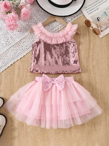 Pink sequin top and tiered tulle tutu skirt set for girls with bow and mesh ruffles