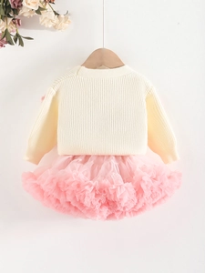 Girls knitted sweater cardigan and pink tutu tulle skirt two-piece outfit set
