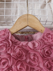 Close-up of pink girls' dress featuring dense 3D tulle rose embroidery and hidden zipper