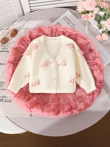 Girls Elegant Knit Cardigan And Tutu Mesh Skirt Outfit Off White Pink 3D Crochet Flower Long Sleeve Sweater Mesh Skirt Clothes