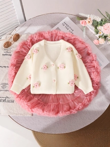 Girls cream knit cardigan with 3D pink flowers and layered tutu skirt two-piece set