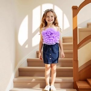 Détail du haut en tulle fleuri pour filles et jupe en jean avec coutures en cœur