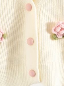 Girl's knit cardigan featuring soft vertical ribs, pink buttons, and crochet floral details