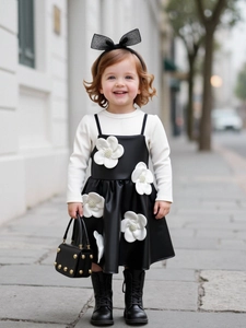 Ensemble de Vêtements d'Automne pour Filles Haut Nervuré à Manches Longues Et Jupe en Cuir PU à Fleurs 3D Tenue 2 Pièces Élégante