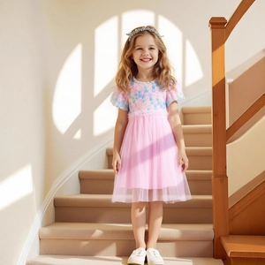 Detail of pink tulle dress with 3D floral embroidery and sequins for girls