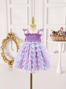 Sweet purple butterfly princess tutu dress with 3D appliques and starry mesh for girls
