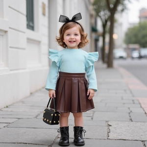 Detail of girls light blue ribbed knit top with ruffles and brown pleated leather skirt