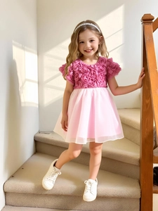 Girls Princess 3D Flower Mesh Dress Elegant Pink Patchwork Party Tulle Sleeveless Ball Gown Kids Toddler Apparel