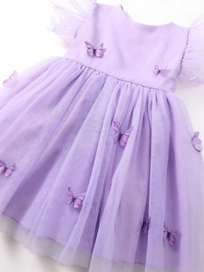 Sleeveless purple mesh girl dress with butterfly appliques and layered tulle skirt