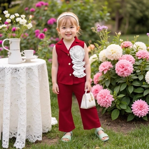 Détail du gilet bordeaux pour fille avec fleur 3D et pantalon évasé assorti
