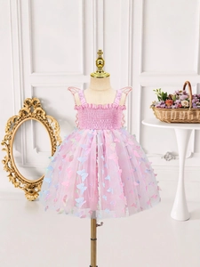 Pink and purple girls butterfly fairy tulle princess dress with glitter sequins