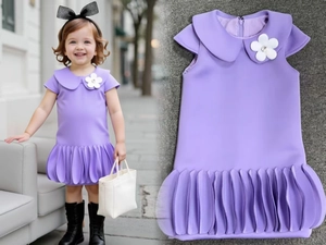 Detail of purple girl dress with Peter Pan collar and 3D floral pearl embellishments